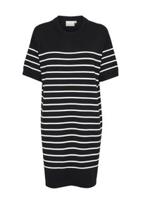 Czarna sukienka krótki rękaw z poziomymi białymi paskami, okrągły dekolt i luźny krój. Gładka tekstura z minimalnymi detalami.