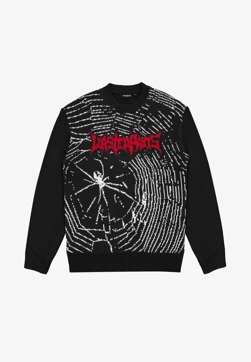 Pull noir à col rond avec motif toile d'araignée blanc et une araignée blanche détaillée sur le devant, texte stylisé rouge sur la poitrine.