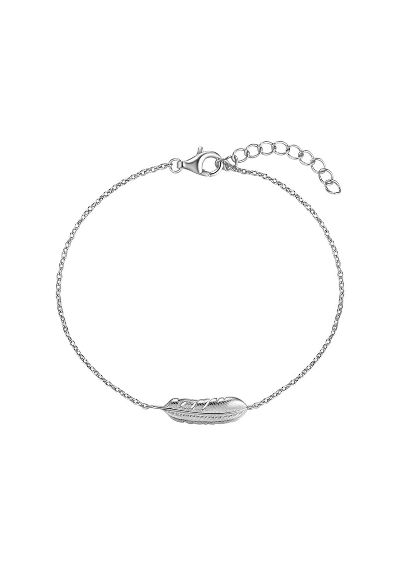 Silverarmband med en fin kedja och en fjäderformad berlock som har intrikata linjemönster och en kräftklämma.