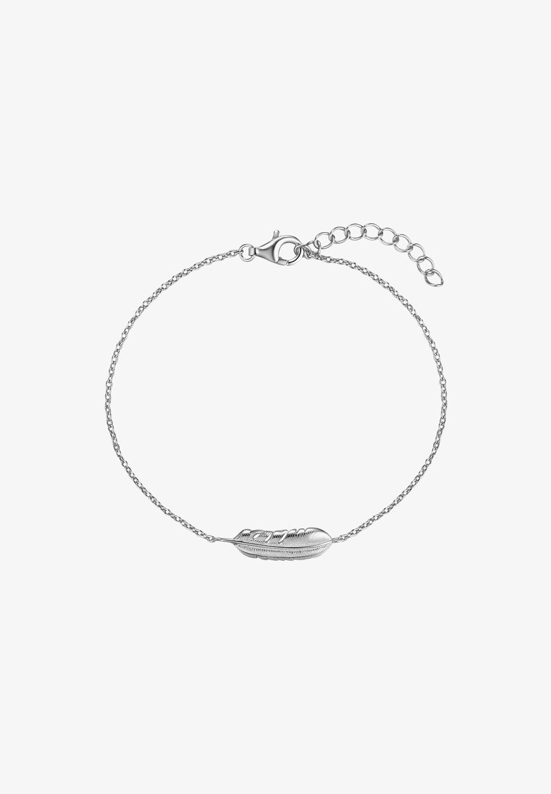 Silverarmband med en fin kedja och en fjäderformad berlock som har intrikata linjemönster och en kräftklämma.