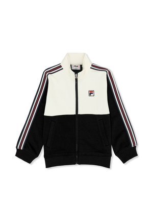Czarno-biała kurtka na zamek z wysokim kołnierzem, czerwono-białe paski na rękawach, dwie przednie kieszenie oraz logo FILA na piersi.