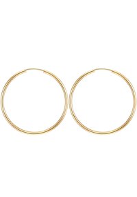 Aukso tono metalinės žiedo formos auskarai su lygiu, apvaliu dizainu. Kiekviename auskare yra plona forma ir saugus užsegimas.