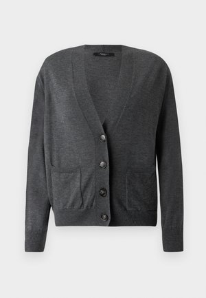 Cardigan gri închis din material moale, cu guler în V, mâneci lungi, șase nasturi în față și două buzunare aplicate.
