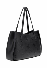Borsa tote in pelle nera con motivo logo in rilievo, texture liscia, doppio manico e design a bocca aperta. Forma rettangolare classica.