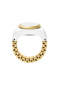 Montre en or et en argent avec un cadran blanc rond, des accents dorés et un bracelet en maillons métalliques, présentant des maillons rectangulaires et une finition lisse.