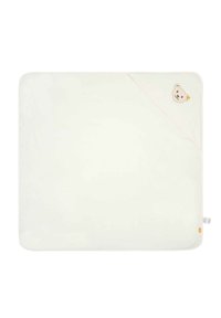 Soft, cream-colored baby hooded towel with a textured surface, featuring a stitched bear design on the corner and a contrasting trim.