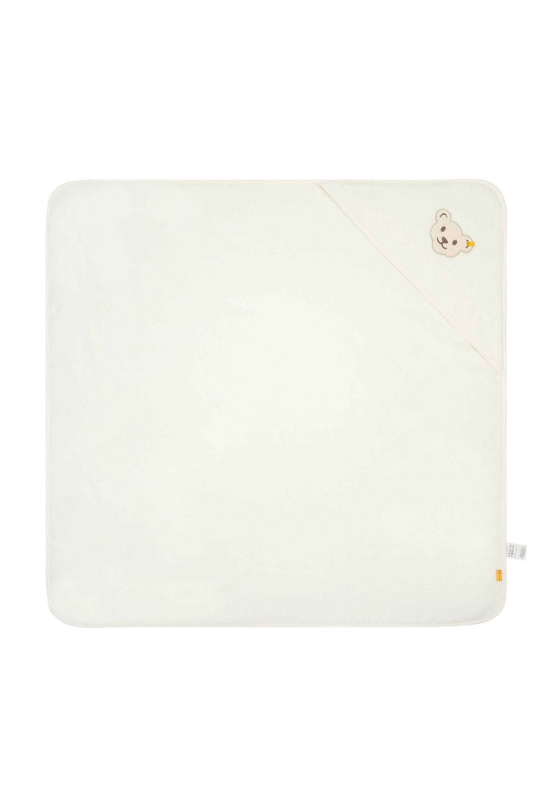 Soft, cream-colored baby hooded towel with a textured surface, featuring a stitched bear design on the corner and a contrasting trim.