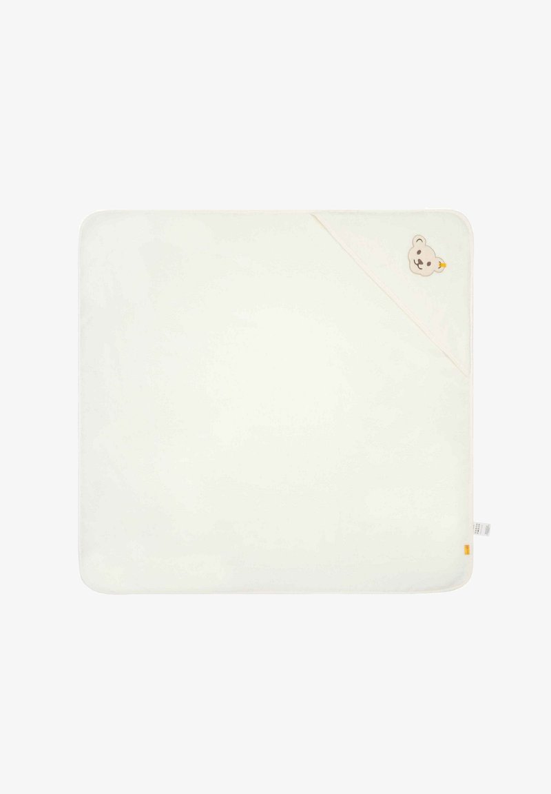 Soft, cream-colored baby hooded towel with a textured surface, featuring a stitched bear design on the corner and a contrasting trim.