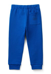 Pantaloni della tuta blu con vita elastica, polsini a costine e una tasca posteriore con un dettaglio del logo discreto. Tessuto morbido e liscio.