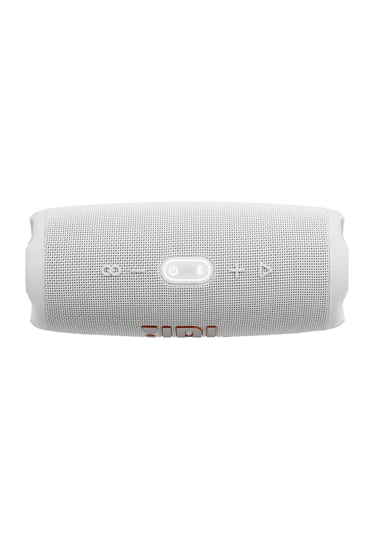 Altavoz Bluetooth portátil blanco con botones de encendido, Bluetooth, volumen, reproducción y conexión en la superficie de malla frontal.