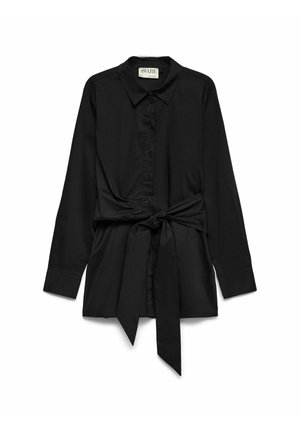 Black long-sleeve button-up blouse with collar and wide fabric belt tied in a bow at the waist.