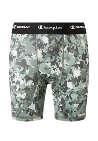Męskie szorty w zielono-szare wzory w kamuflaż, wykonane z elastycznej tkaniny. Posiadają czarny pas z napisem "Champion" i "COMBAT".