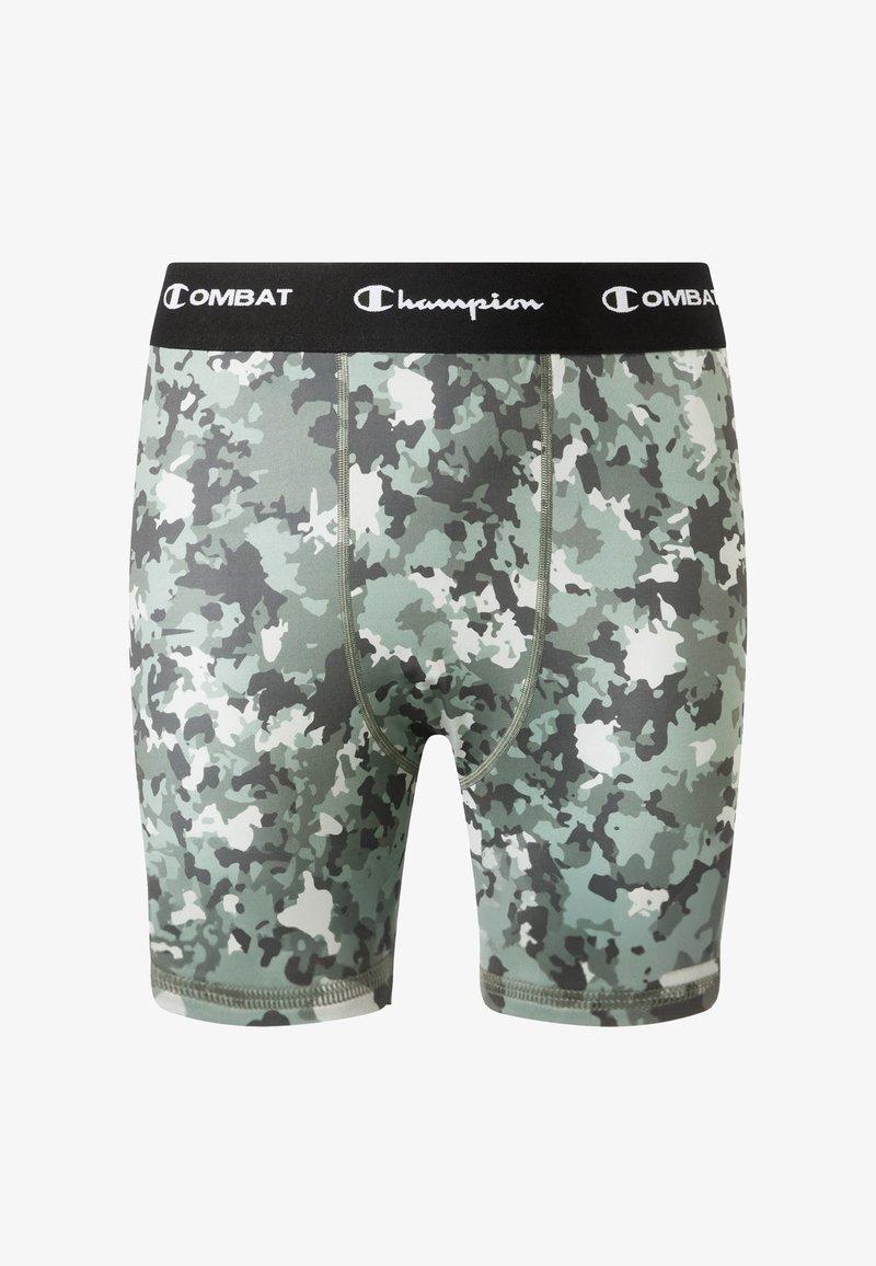 Męskie szorty w zielono-szare wzory w kamuflaż, wykonane z elastycznej tkaniny. Posiadają czarny pas z napisem "Champion" i "COMBAT".