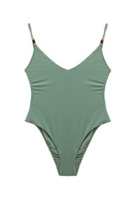 Maillot de bain une pièce vert avec un design en V, des fines bretelles réglables et une texture plissée. Présente des paillettes subtiles et une coupe haute.