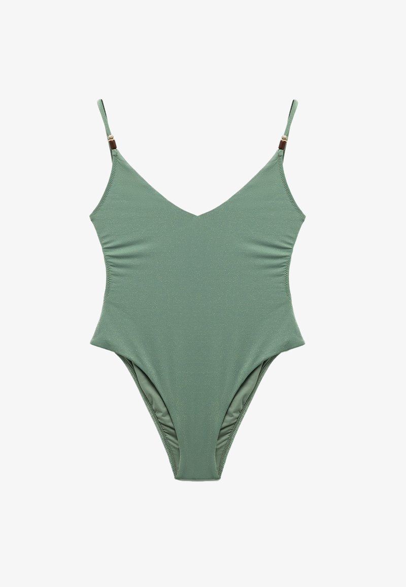Groene tankini met een V-halsontwerp, dunne verstelbare banden en een geraffineerde textuur. Bevat subtiele sprankeling en hoge beenopeningen.