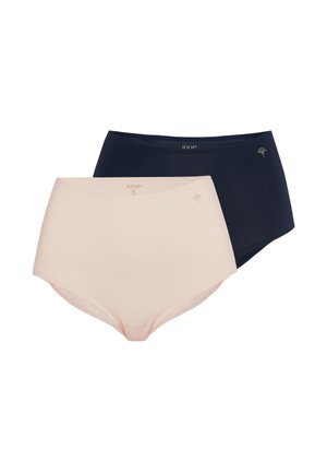 Dwie bezszwowe damskie majtki z wysokim stanem, jedna beżowa i jedna czarna, każda z małym kwiatowym logo w pobliżu paska.