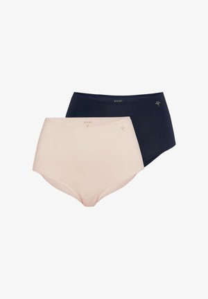 Deux slips femme taille haute sans couture, un beige et un noir, chacun avec un petit logo floral près de la ceinture.
