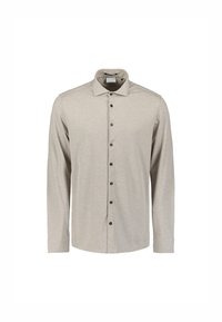 Beige overhemd met lange mouwen van een gladde stof, voorzien van een knoopsluiting aan de voorkant met donkere knopen en een omgeslagen kraag.