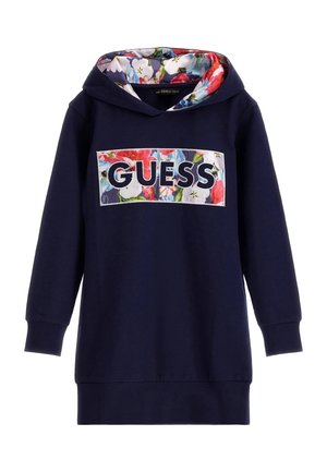 Granatowa bluza z kapturem z kwiatowym wzorem wewnątrz kaptura. Na przodzie duże logo "GUESS". Miękki materiał, długie rękawy, ściągacze na mankietach.