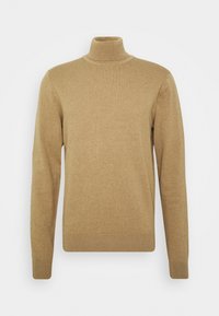 Maglione a collo alto di colore marrone chiaro realizzato in un fine tessuto a maglia. Presenta maniche lunghe e colletto e polsini a coste. Texture liscia.