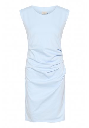 Light blue sleeveless dress made of soft fabric, featuring a round neckline and gathered detail on one side for shape and texture.
