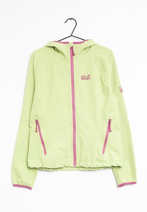 Lysegrøn hættejakke med pink lynlås og lommer, elastiske manchetter og Jack Wolfskin-logo på bryst og ærme, hængende på en sort bøjle.