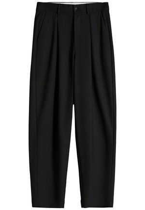 Sorte, højtaljede skræddersyede bukser med forlommer, sidelommer, bæltestropper og knaplukning ved taljen.