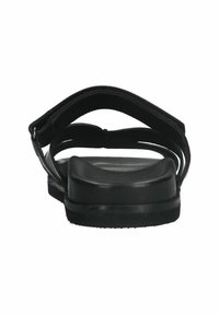 Zwarte platte sandalen met een gevoerde zool, twee verstelbare banden en een gladde, matte afwerking. Eenvoudig ontwerp geschikt voor casual gebruik.