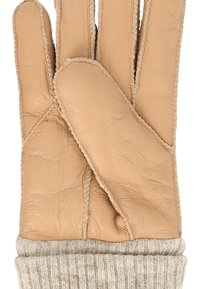Gant en cuir tan avec une douce manche en tricot. Le gant a une texture lisse avec une couture visible et un design épuré et ajusté.