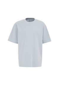Hellblaues Baumwoll-T-Shirt mit lockerem Schnitt, kurzen Ärmeln und Rundhalsausschnitt. Verfügt über eine glatte Textur und minimale Nähdetails.