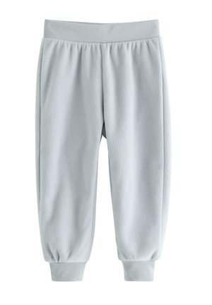 Lyseblå fleece joggingbukser med elastisk talje og manchetter, vist forfra mod en hvid baggrund.