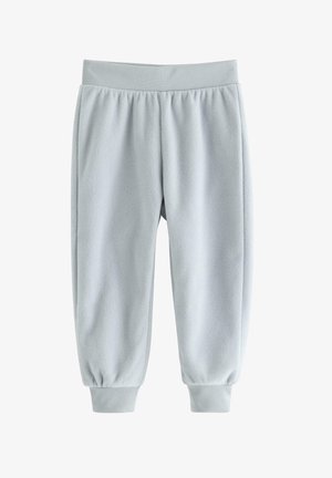 Lyseblå fleece joggingbukser med elastisk talje og manchetter, vist forfra mod en hvid baggrund.