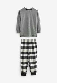 Zweiteiliges Schlafanzug-Set. Graues Langarm-Oberteil und schwarze, weiße und grüne karierte Hose mit elastischem Bund und Bündchen. Weicher Stoff mit angenehmer Textur.