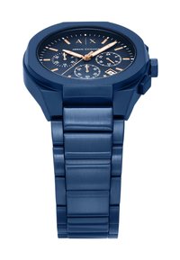 Orologio in acciaio inox blu con cassa ottagonale, bracciale texturizzato, subquadranti cronografici e dettagli in oro rosa sul quadrante.