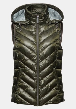 Zelená prošívaná vesta bez rukávů s předním zipem, vysokým límcem, kapucí s nastavitelnými šňůrkami a bočními kapsami na zip.