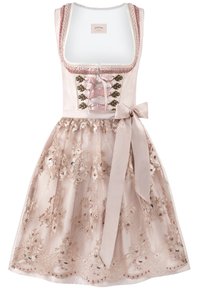 Traditional dirndl dress, featuring a lace-up bodice, embroidered floral patterns, and a sheer pink skirt, with a matching satin bow at the waist.