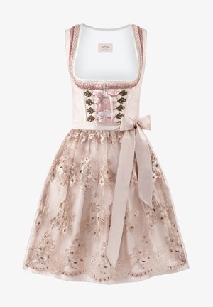 Traditionelles Dirndlkleid mit einem Schnüroberteil, bestickten Blumenmustern und einem durchsichtigen rosa Rock, sowie einer passenden Satinschleife in der Taille.