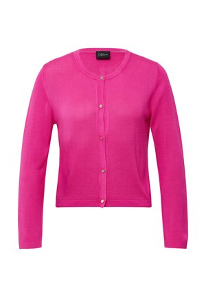 Fuchsia roze, lange mouwen cardigan gemaakt van lichte brei stof, met een ronde halslijn en vijf knopen aan de voorkant.