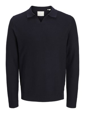 Dark navy blue long-sleeve knit sweater with textured pattern, polo collar, and ribbed cuffs and hem.