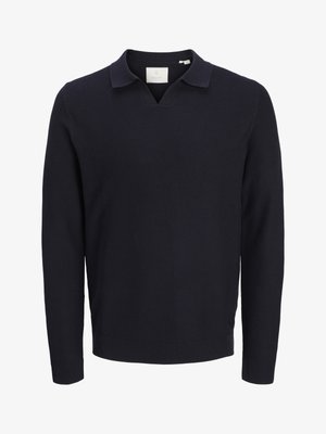 Dark navy blue long-sleeve knit sweater with textured pattern, polo collar, and ribbed cuffs and hem.