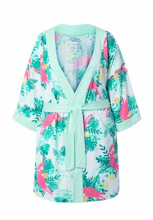 Krátký župan s tropickým potiskem růžových papoušků, zelených listů, světle mátovým lemováním a páskem v pase.