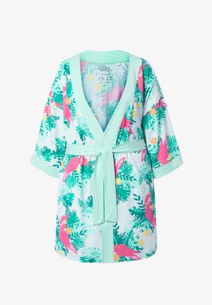 Bata corta con estampado tropical de loros rosas, hojas verdes, ribete en verde menta claro y cinturón a juego atado en la cintura.