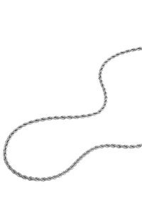 Collana in argento con catena attorcigliata e design intrecciato, caratterizzata da una superficie liscia e anelli uniformi, creando una forma fluida e a spirale.