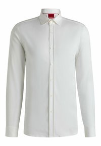White long-sleeve shirt made of smooth fabric, featuring a classic collar, button front, and buttoned cuffs. Label visible inside.