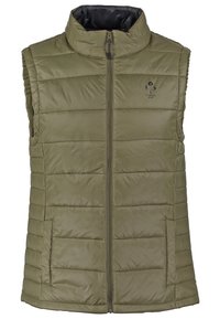 Veste sans manches matelassée vert olive avec un col montant, une fermeture éclair frontale et des poches latérales. Présente un design matelassé et un logo discret sur la poitrine.