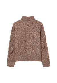 Brauner Rollkragenpullover aus Kabelstrick mit langen Ärmeln sowie gerippten Bündchen und Saum, vor einem weißen Hintergrund präsentiert.