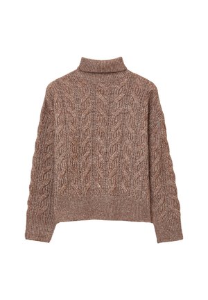 Brown cable-knit turtleneck sweater with long sleeves and ribbed cuffs and hem, displayed on a white background.