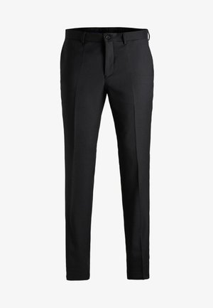Pantaloni neri in tessuto liscio, con taglio dritto, chiusura frontale singola, passanti per cintura e design pulito e semplice.
