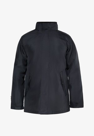 Giacca nera impermeabile con collo alto, due tasche laterali e maniche lunghe. Texture liscia con un design pulito e minimalista.