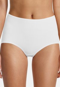 White cotton high-waisted briefs with a smooth texture, elastic waistband, and no visible patterns or embellishments.